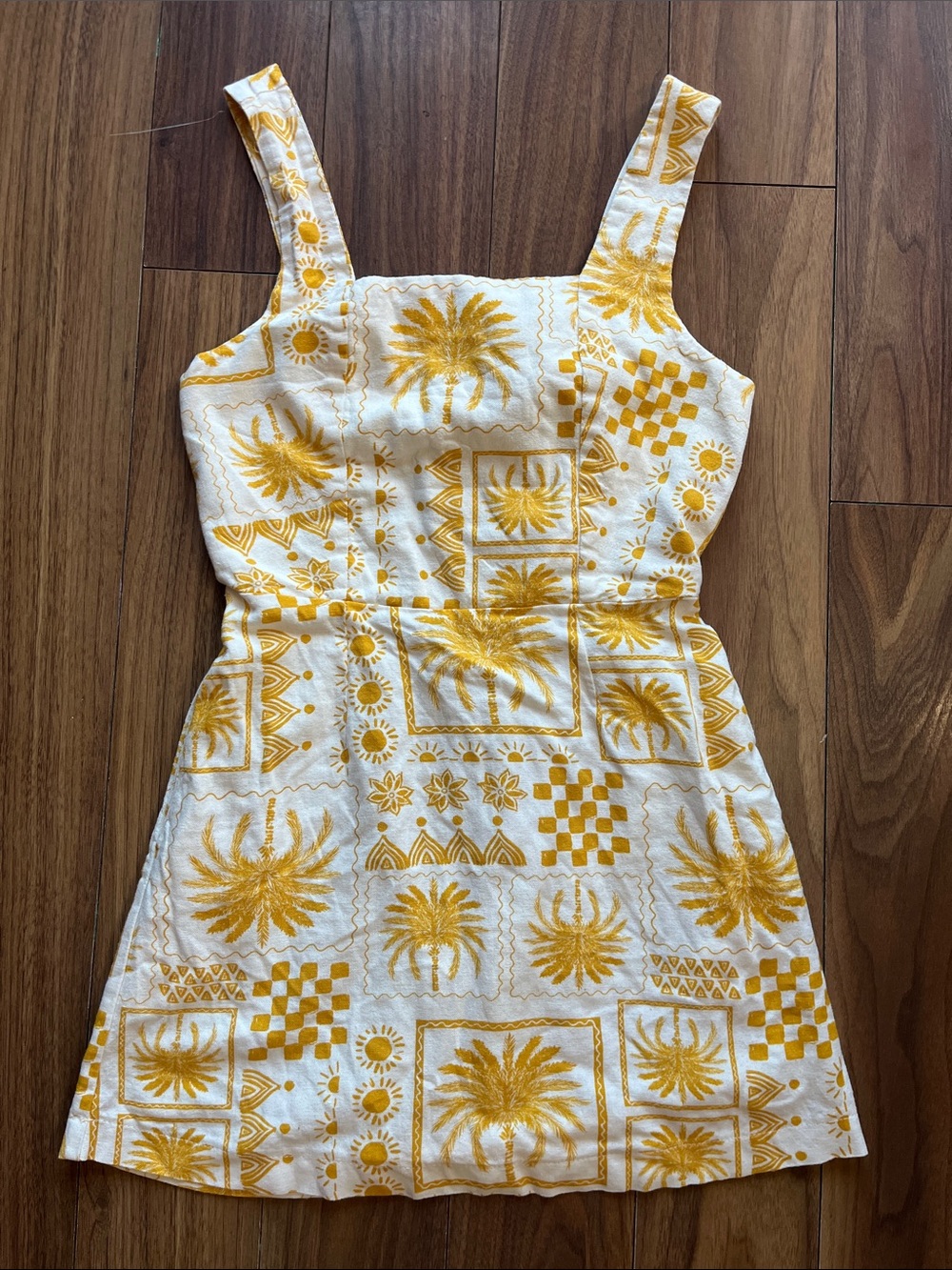 Yellow Palm-Print Sundress Small Adjustable Mini Summer Yellow White Cute